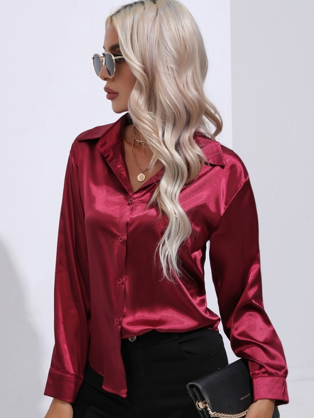 Satin Sensation Buttoned Blouse - Wine